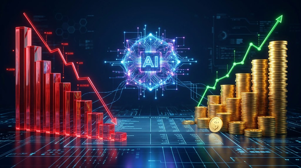 AI 晶片核心兩側：紅色下滑長條圖與金幣堆疊上升線，象徵會計虧損與現金