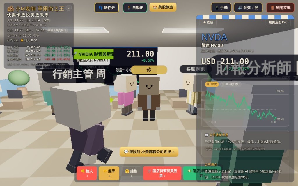 輝達(NVDA)的店面:店員、主管、右邊是個股資訊面板(股價、當日走勢、公司最新消息、公司簡介)