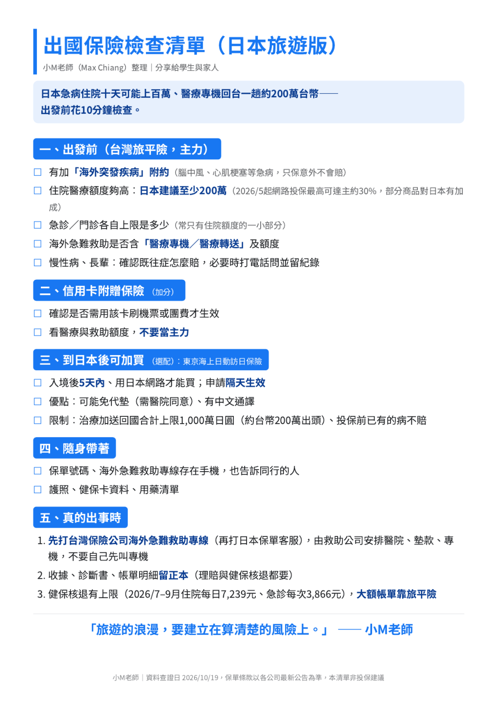 出國旅平險檢查清單完整版:海外突發疾病、住院醫療額度、緊急醫療轉送、緊急救援專線與就醫單據保存